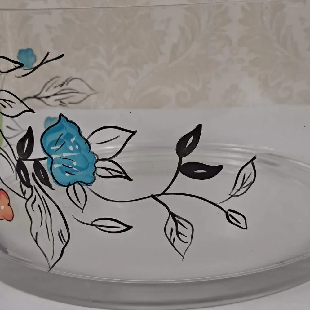 Artland Laurie Gates Clear Glass Bowl with Multi Color Hand Painted Flowers